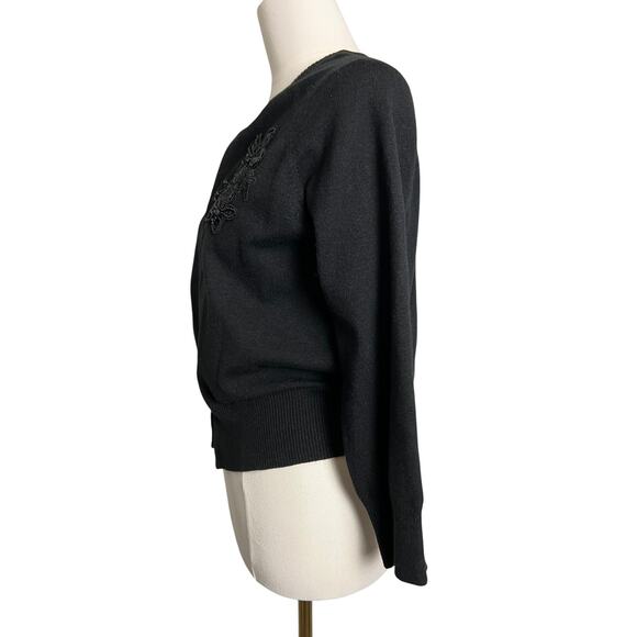 Cardigan Sweater Black Beaded Floral Cropped Knit Top Missing Buttons - Picture 5 of 7